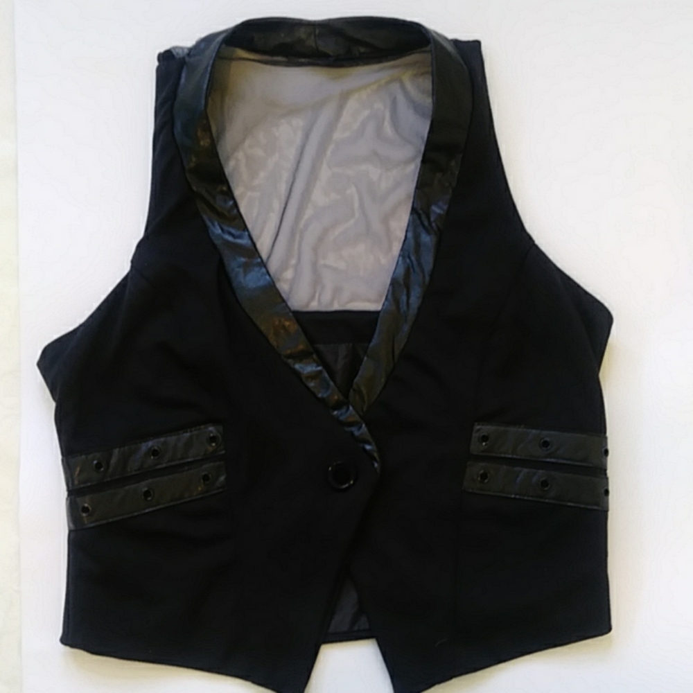 Vintage Black Vest Faux Leather Trim Sheer Back